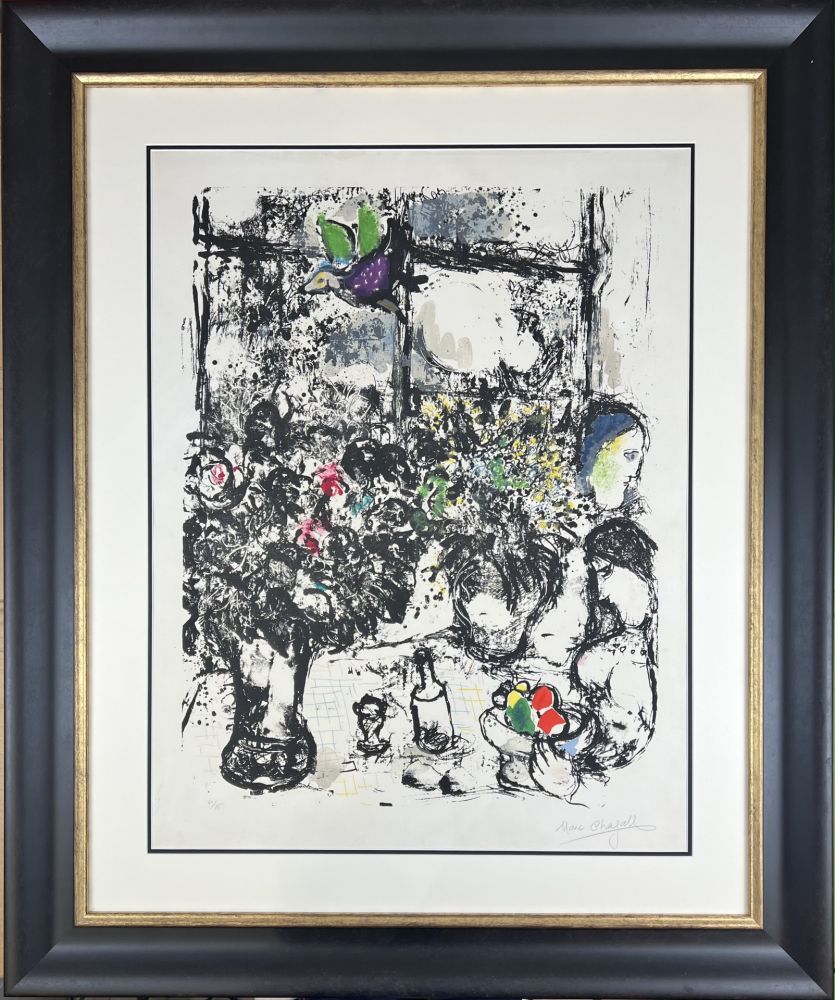 Lithographie De Marc Chagall Nature Morte Au Bouquet Sur Amorosart