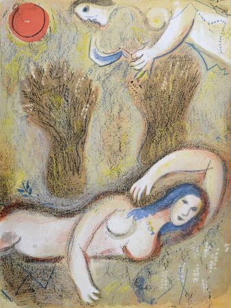 Lithographie Chagall - Booz se réveille et voit Ruth à ses pieds, 1960