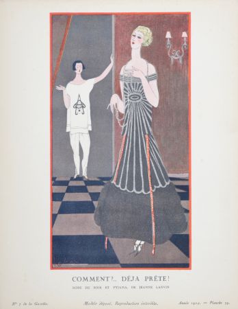 Pochoir Lepape - Comment ? Déjà prête ?, Robe du soir et pyjama de Jeanne Lanvin, 1924