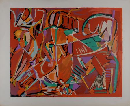 Lithographie Lanskoy - Composition sur fond rouge, circa 1968 - Hand-signed