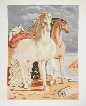 Lithographie Chirico (De) - Couple de chevaux dans un paysage mythologique, c