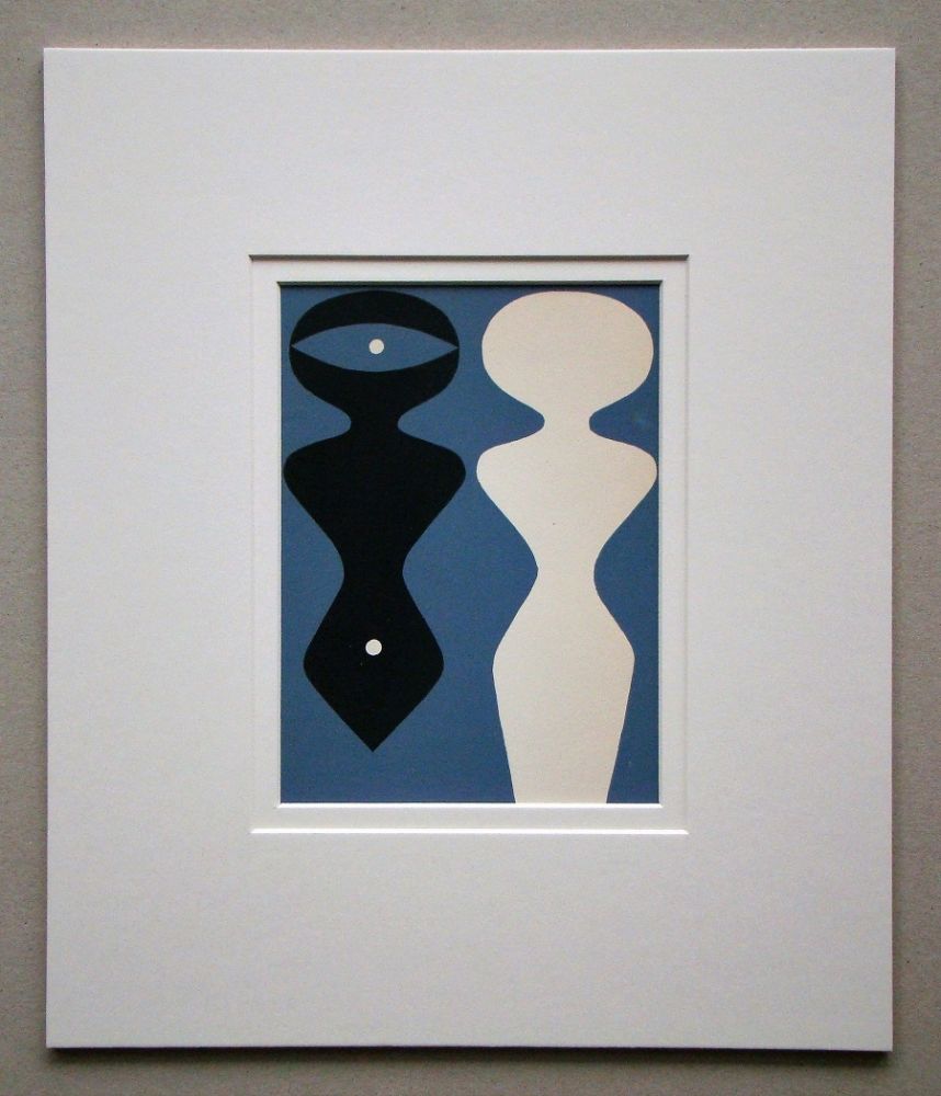 Gravure Sur Bois Arp - Deux figures sur fond bleu