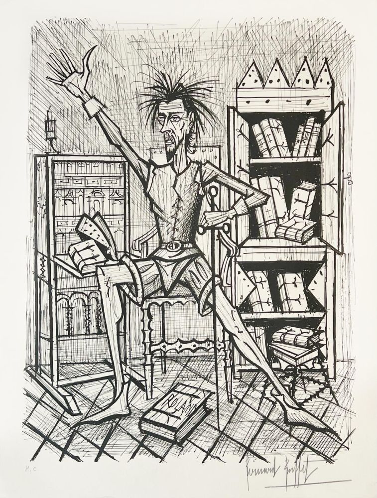 Lithographie Buffet - Don Quichote dans la Bibliothèque 