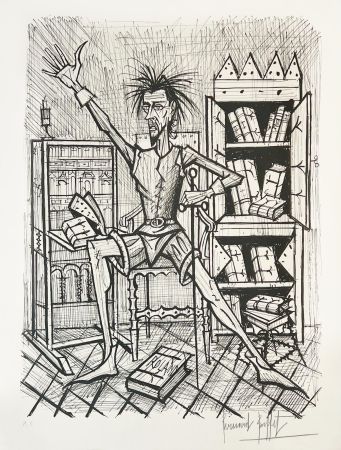 Lithographie Buffet - Don Quichote dans la Bibliothèque 