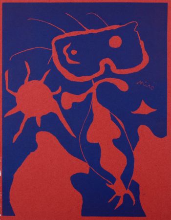 Gravure Sur Bois Miró - Femme avec soleil rouge, 1959
