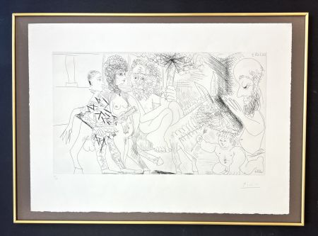 Gravure Picasso - Groupe avec vieillard à la torche sur un âne amoureux, femme et arlequin