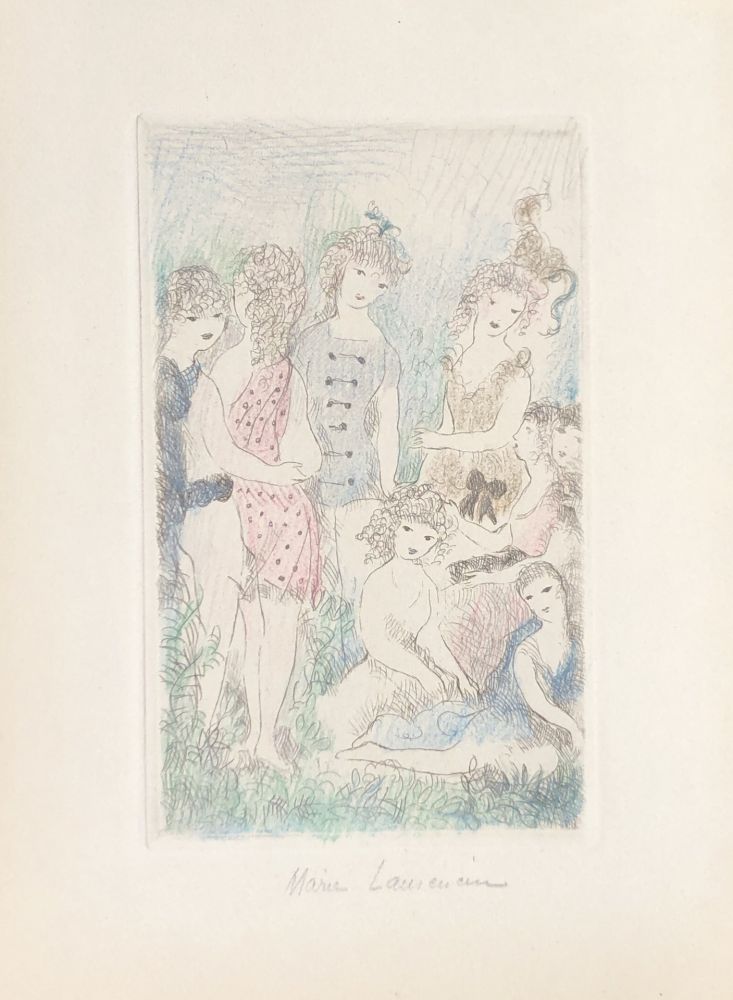 Gravure Laurencin - Huit filles dans un pré