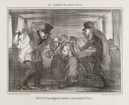 Lithographie Daumier - Intérieur d’un wagon de troisième classe pendant l’hiver