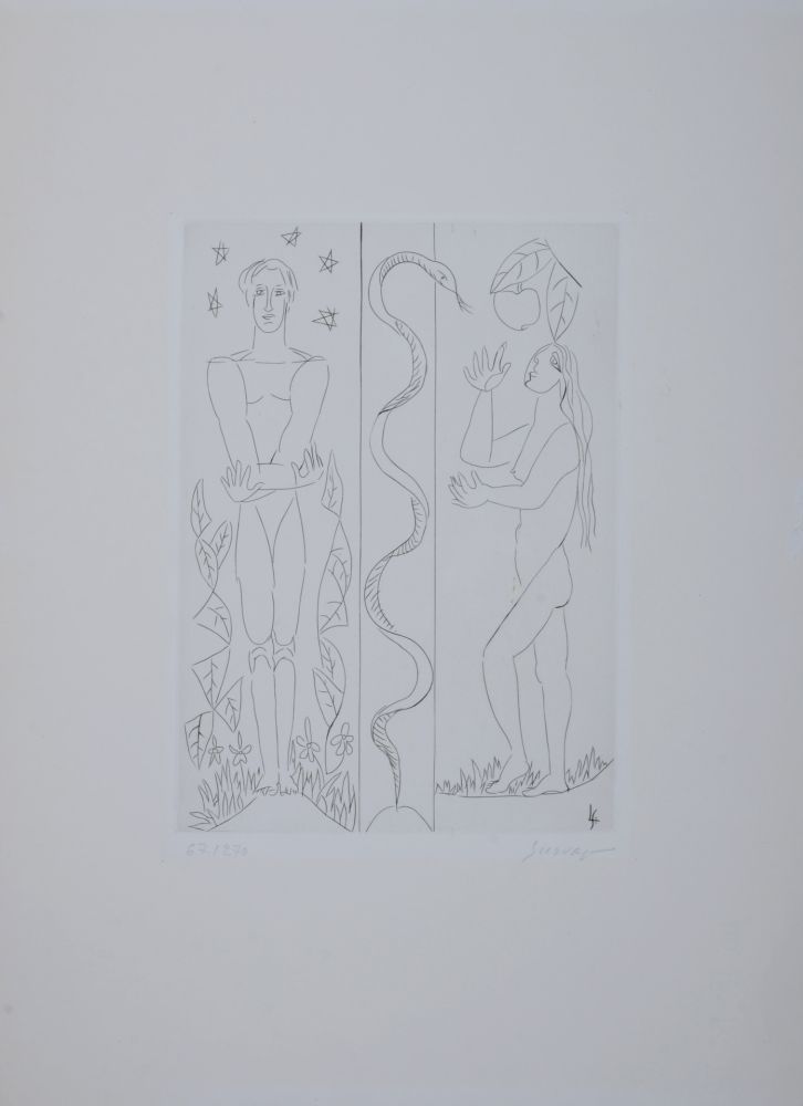 Gravure Survage - Jardin d'Eden : Adam et Eve, vers 1930 - Hand-signed