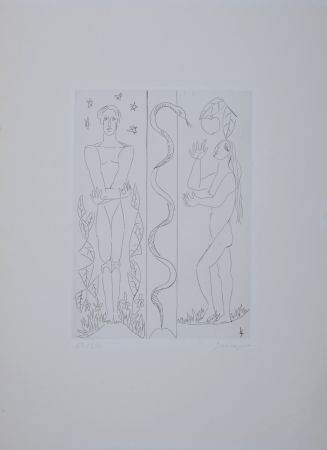 Gravure Survage - Jardin d'Eden : Adam et Eve, vers 1930 - Hand-signed