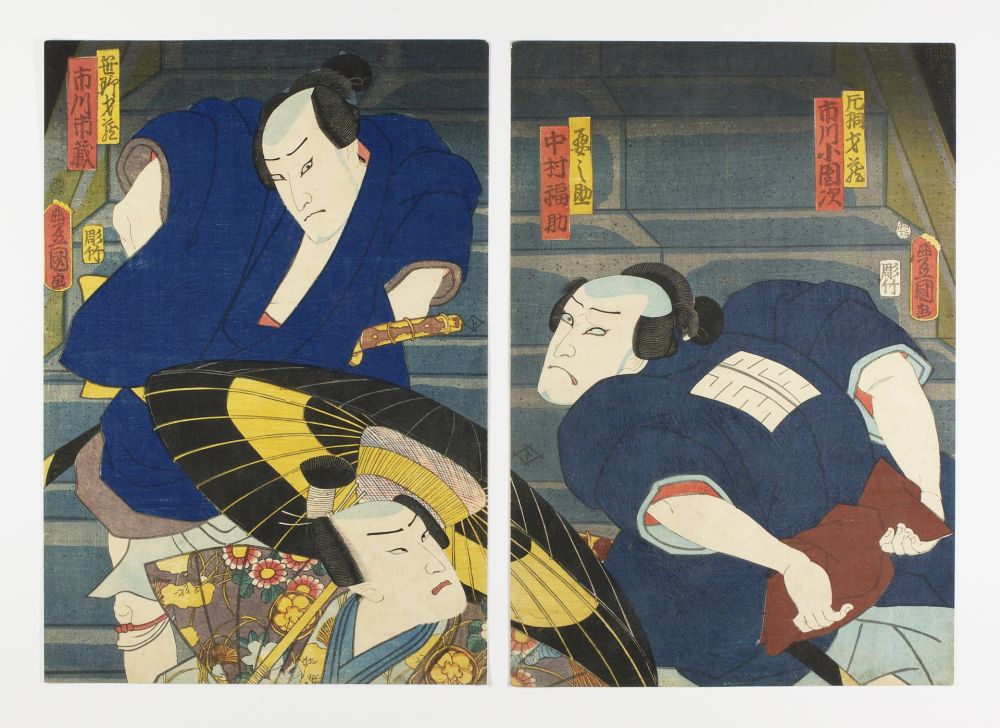 Gravure Sur Bois Kunisada - Kabuki theatre scene (Katagiri Saizō confronting Sasano Seizō on a staircase)