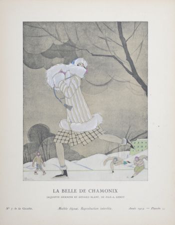 Lithographie Martin - La Belle de Chamonix, Jaquette hermine et renard blanc de Max-A. Leroy, 1924