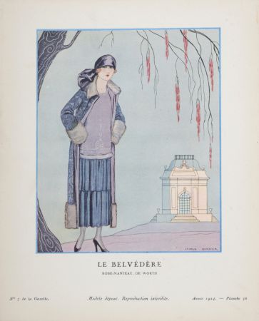 Pochoir Barbier - Le Belvédère, Robe-manteau de Worth, 1924