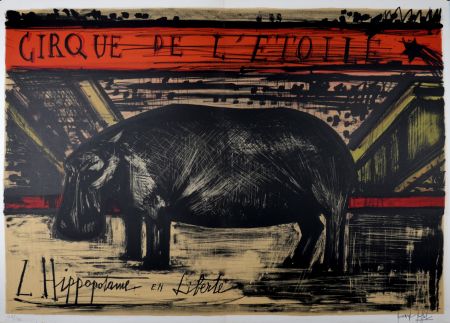 Lithographie Buffet - L'hippopotame en liberté, 1968.