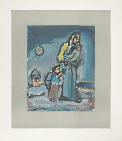 Lithographie Rouault - L'Hiver, Famille marchant dans la neige, c