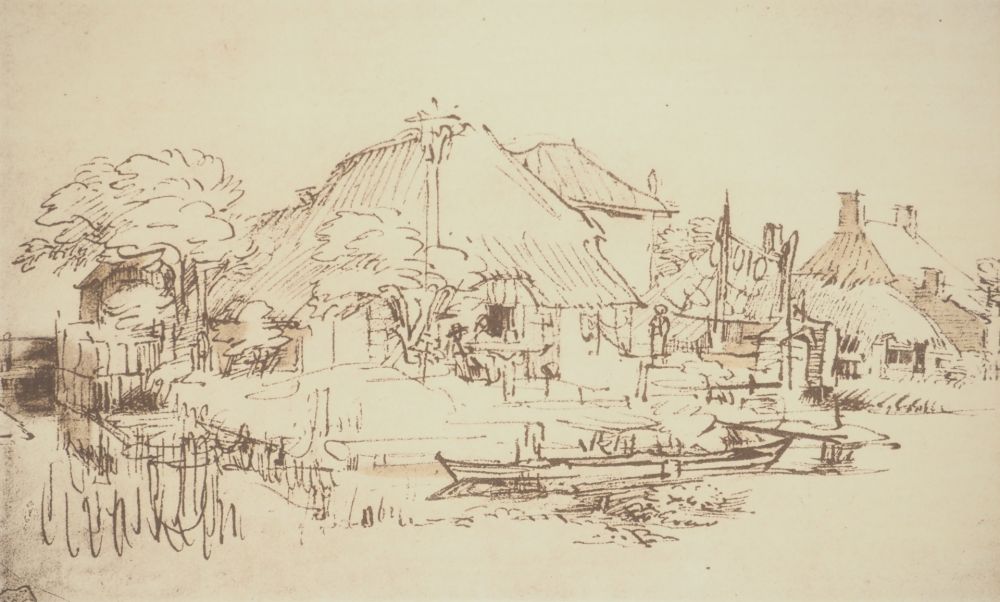 Lithographie Rembrandt - Maisons sur le bord d'un canal