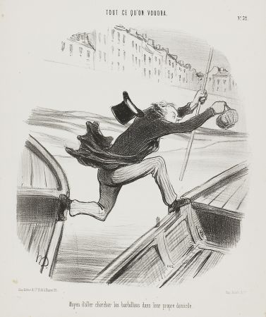 Lithographie Daumier - Moyen d'aller chercher les barbillons dans leur propre domicile (The best way to catch fish in their own environment)