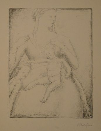 Lithographie Auberjonois - Mutter mit Kindern / Femme et deux enfants