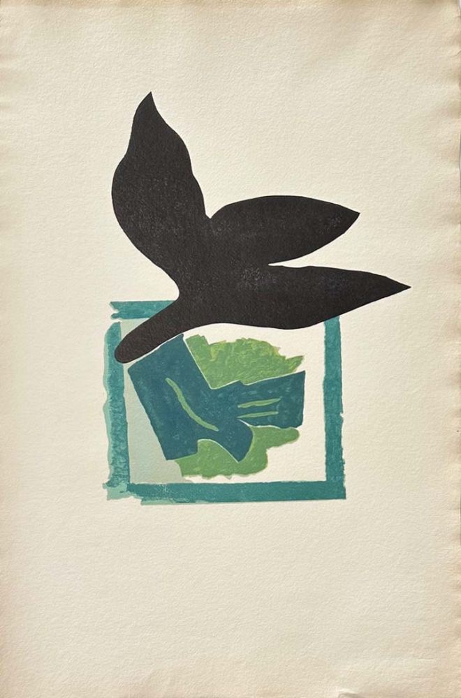 Gravure Sur Bois Braque - Oiseau noir sur fond vert