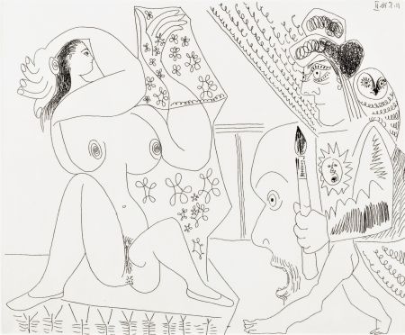 Gravure Picasso - Peintre et modèle