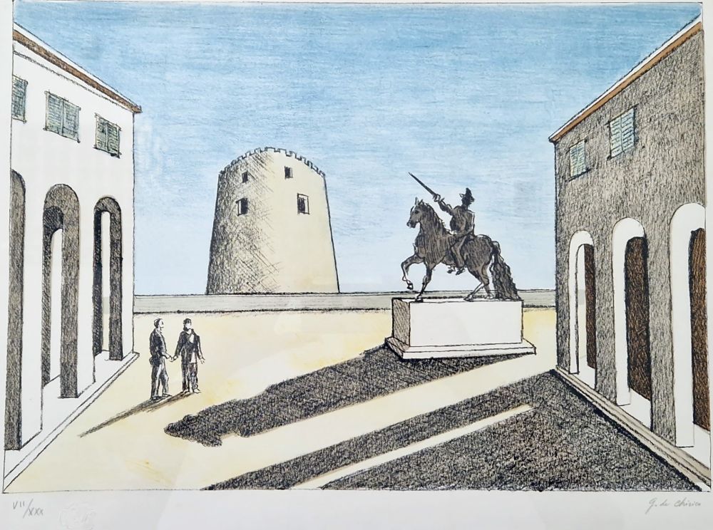 Lithographie De Chirico - Piazza d'Italia con statua equestre.