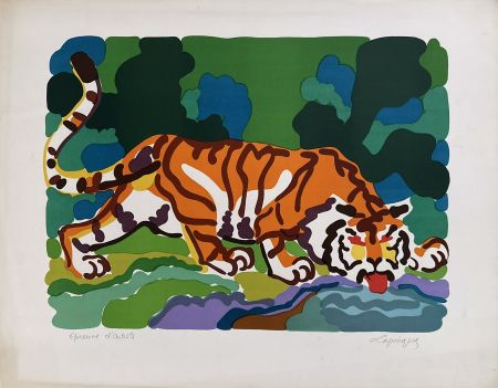 Lithographie Lapicque - Tigre buvant