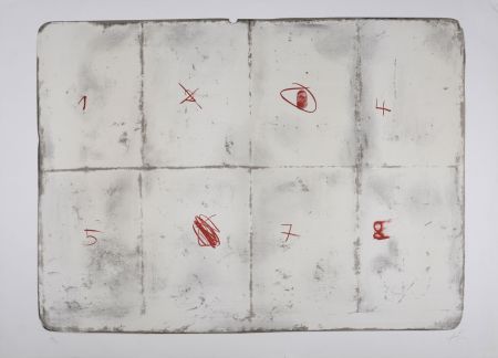 Lithographie Tàpies - Toile pliée et chiffres, 1974 - Hand-signed
