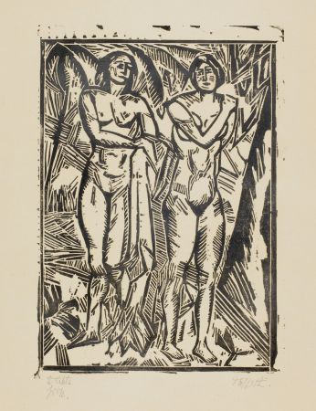 Gravure Sur Bois Tappert - Zwei stehende weibliche Akte mit Tuch (Two standing female nudes with cloth)